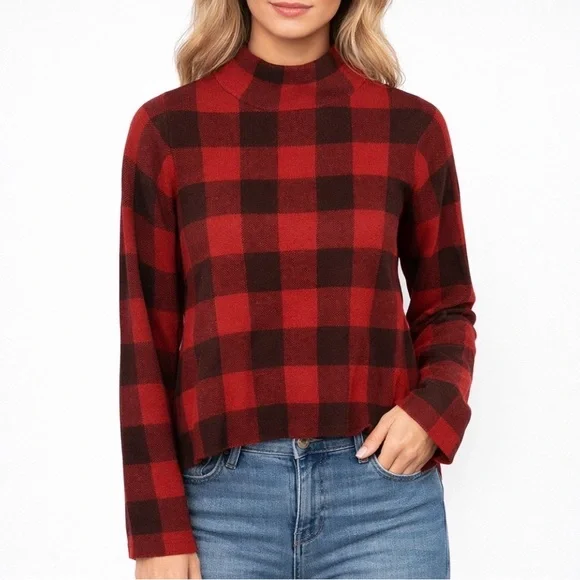 Anthropolgie Field Flower Red Buffalo Plaid Wool Blend Mock Neck Sweater - Picture 4 of 4
